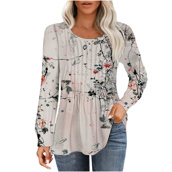 Bxsruta Blouse for Women, Women's Casual Fashion Loose Pleated Round Neck Fashion Print Long Sleeved Top Print Long Sleeved Round Neck Top/shirt, Plum Blossom White White