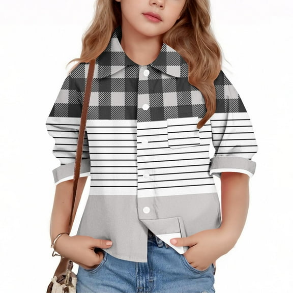 Bxsruta Blouse for Kids, Children's Plaid Print Long Sleeve Button Down Shirt, Casual Turn Down Collar Top
