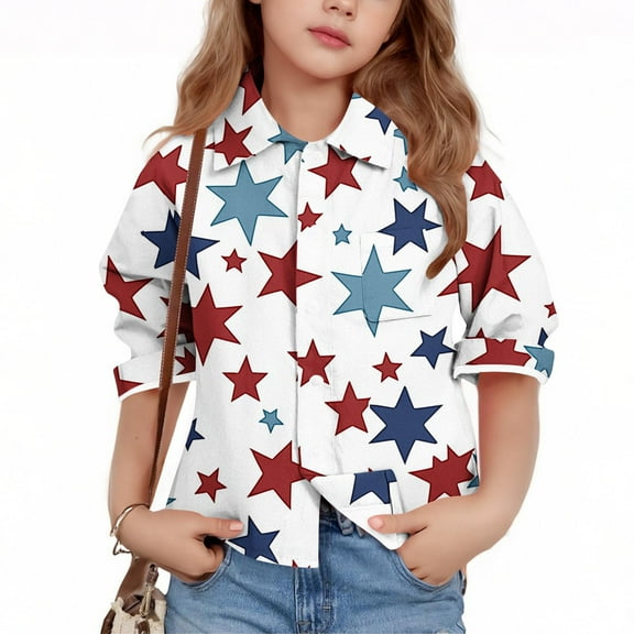 Bxsruta Blouse for Kids, Star Print Button Down Casual Shirt, Long Sleeve Collared Kids Outerwear