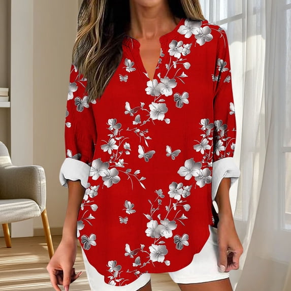 Bxsruta Blouse for Women, Women' Casual Comfortable Printed Blouse V-Necked Blouse 3/4 Sleeve Tops