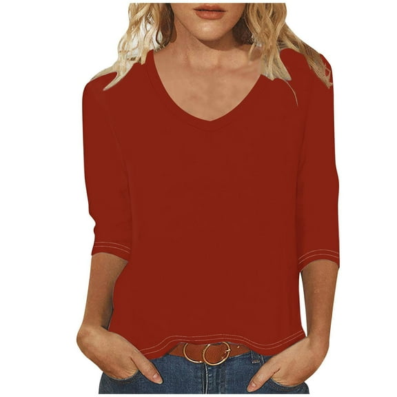 Bxsruta Blouse for Women, Women's Fashion Solid Color Loose T-shirt 3/4 Sleeves Blouse V-Neck Casual Tops, Brick Red Red