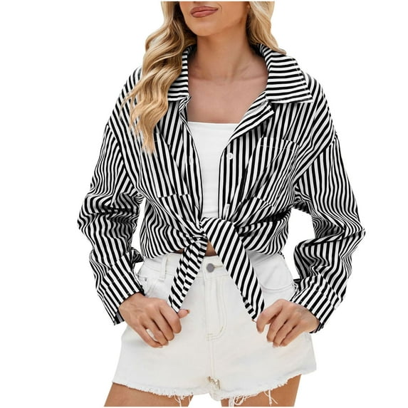 Bxsruta Blouse for Women, Women's Fashion Summer Leisure Long Sleeve Turndown Collar Stripe Printing Tops, Black L
