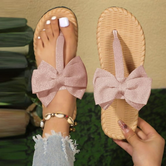 Bxsruta Bow-Adorned Flat Beach Slides with Adjustable Straps, Summer Casual Women's Giftable Footwear