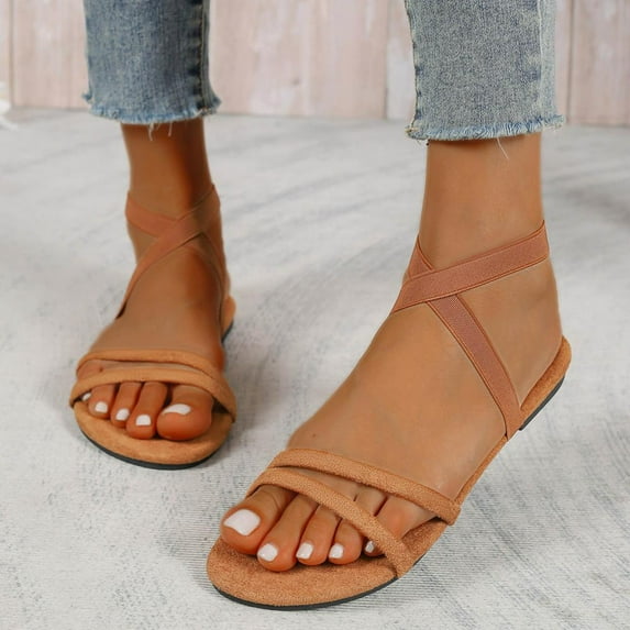 Bxsruta Breathable Suede Strap Flat Sandals with Elastic Adjustable Bands, Women's Lightweight Spring Summer Casual Shoes for Long-Wear Comfort