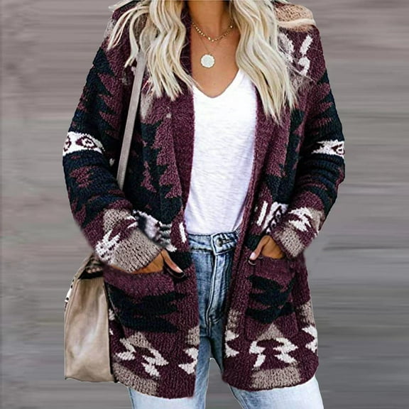 Bxsruta Cardigan for Women, Women's Ethnic Print V-Neck Long Sleeved Hooded Casual Thin Outwear