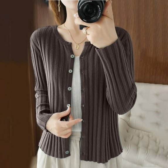 Bxsruta Cardigan for Women, Women's Solid Color Long Sleeved Round Neck Button Knit Sweater with Stripe Sweater Top