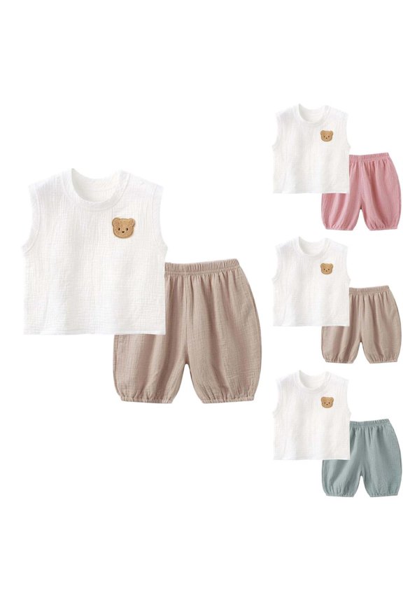Children's Summer Sleeveless Round-Neck 2-Piece Outfit Set with Embroidered Bear Loose Fit Breathable Cotton Color-Blocked Top and Shorts