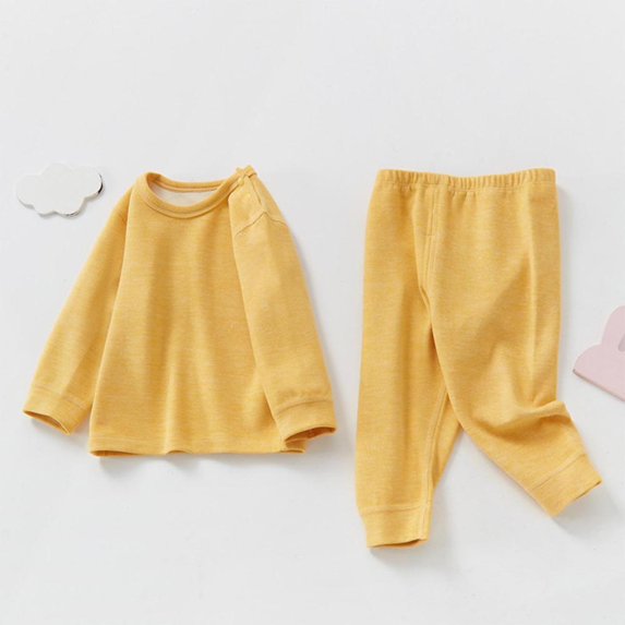 Bxsruta Children's Two-Piece Set, Fleece-Lined Long Sleeve Top and Pants Set, Solid Color Thermal Wear for Everyday Warmth