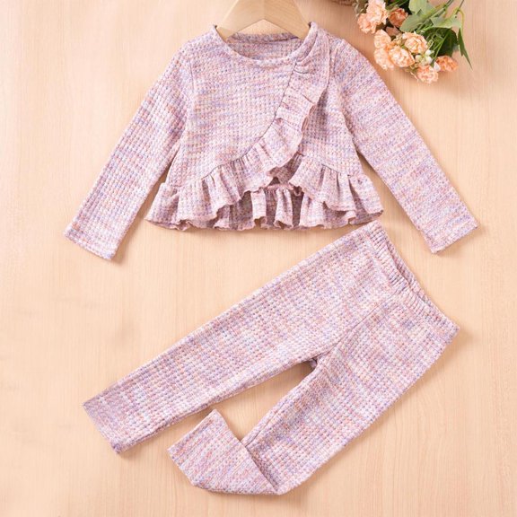 Bxsruta Children's Two-Piece Set, Girls Ruffle Edge Blouse Set, Solid Color Long Sleeve Outfit, Round Neck Casual Comfortable Fashion Style