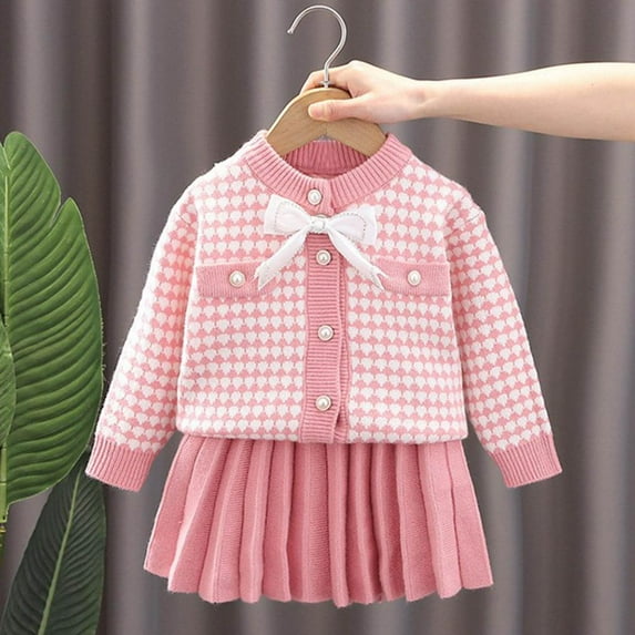 Bxsruta Children's Two-Piece Set, Tie Button Short Skirt Outfit, Long Sleeve Construction, Soft Knitted Material for All-Day Comfort