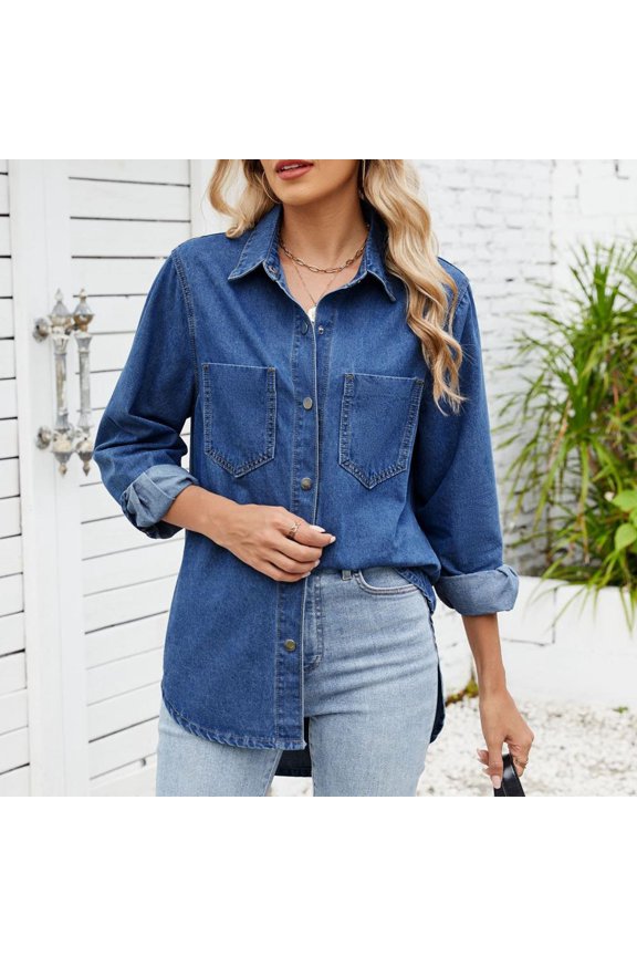 Coat for Women, Women's Outerwear Classic Denim Coat Without Hood, Long Sleeve Jacket with Spacious Front Pockets, Cropped Back Hem Casual Outerwear