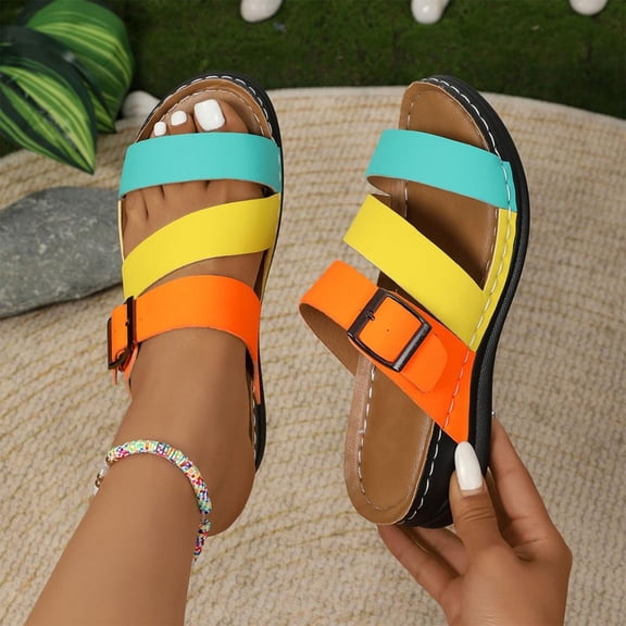 Bxsruta Color-Block Slide Sandals with Rhinestone Buckle, Adjustable Summer Slippers for Casual Outfit Pairing