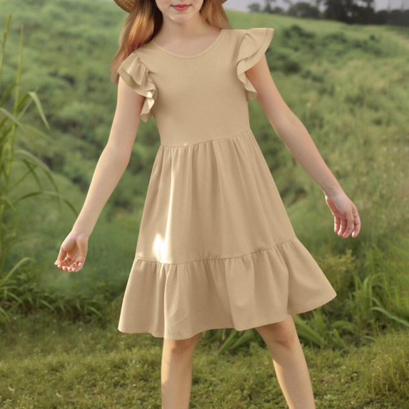 Bxsruta Cotton-Blend Ruffle Hem Tea-Length Dress, Soft Flowy Silhouette with Short Sleeves, Suitable for Photoshoots