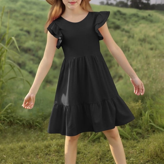 Bxsruta Cotton-Blend Ruffle Hem Tea-Length Dress, Soft Flowy Silhouette with Short Sleeves, Suitable for Photoshoots
