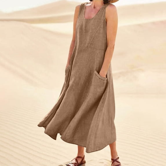 Bxsruta Cotton Linen Dress for Women Summer Plus Size Loose Fit Cotton Linen Dresses Sleeveless Flowy Casual Boho Maxi Dresses Beach Vacation A Line Sundress with Pockets