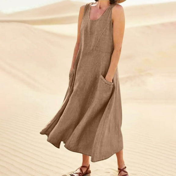 Bxsruta Cotton Linen Dress for Women Summer Plus Size Loose Fit Cotton Linen Dresses Sleeveless Flowy Casual Boho Maxi Dresses Beach Vacation A Line Sundress with Pockets