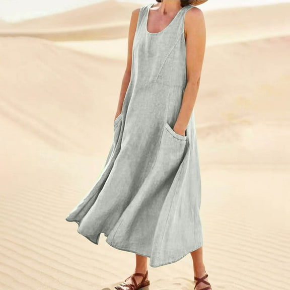 Bxsruta Cotton Linen Dress for Women Summer Plus Size Loose Fit Cotton Linen Dresses Sleeveless Flowy Casual Boho Maxi Dresses Beach Vacation A Line Sundress with Pockets