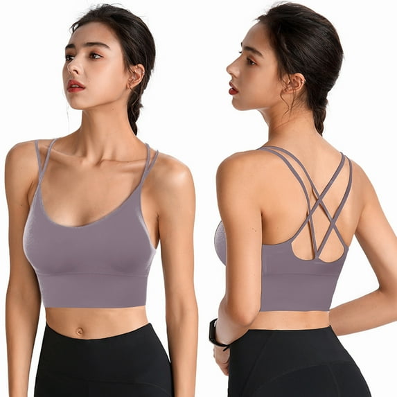 Bxsruta Cross Back Sport Bras Padded Strappy Criss Cross Cropped Bras for Yoga Workout Fitness Low Impact Purple S