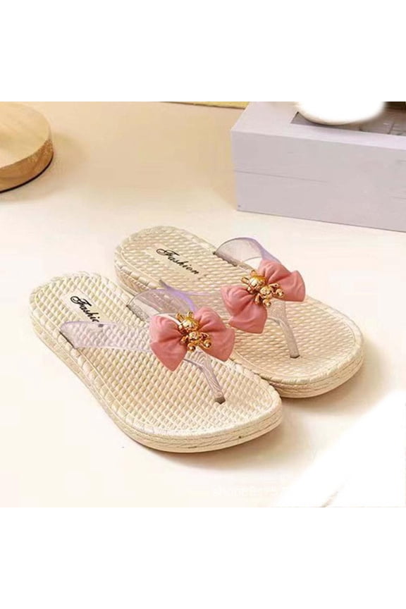 Decorative Bow Flip Flops, Transparent Strap Beach Sandals with Metallic Embellishments