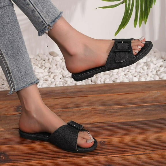 Bxsruta Denim Buckle Strap Slide Sandals, Women's Casual Footwear with Reinforced Stitching for Summer Wear