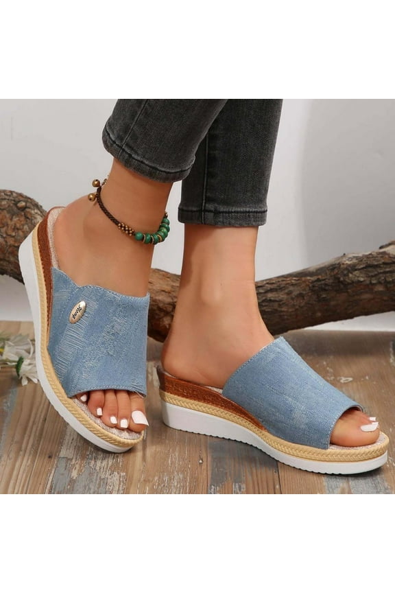 Denim Upper Slides, Braided Detail with Slip-Resistant Rubber Base