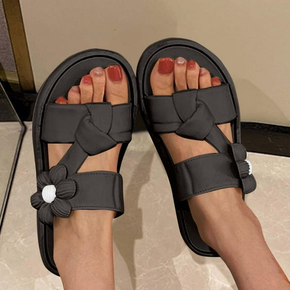 Bxsruta Double-Strap Sandals with Floral Embellishment, Women's PVC Summer Slides - Thick Cushioned Sole for All-Day Comfort