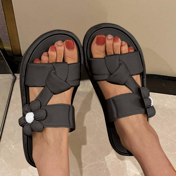 Bxsruta Double-Strap Sandals with Floral Embellishment, Women's PVC Summer Slides - Thick Cushioned Sole for All-Day Comfort