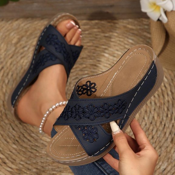 Bxsruta Embroidered Wedge Sandals with Hollow Strap Design, Summer Casual Shoes for Women, Arch-Support Beach Footwear