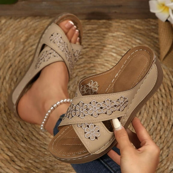 Bxsruta Embroidered Wedge Sandals with Hollow Strap Design, Summer Casual Shoes for Women, Arch-Support Beach Footwear