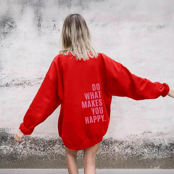 Bxsruta Essentials Hoodie, Women's Hoodie Letter Print Loose Casual Fashion Hoodie Long Sleeve Top, Red S