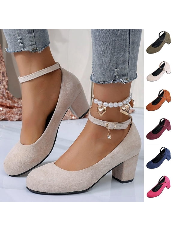Flock Ankle Strap Block Heel Pumps for Women, Closed Toe Mid Heel Dress Shoes