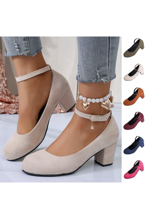 Flock Ankle Strap Block Heel Pumps for Women, Closed Toe Mid Heel Dress Shoes