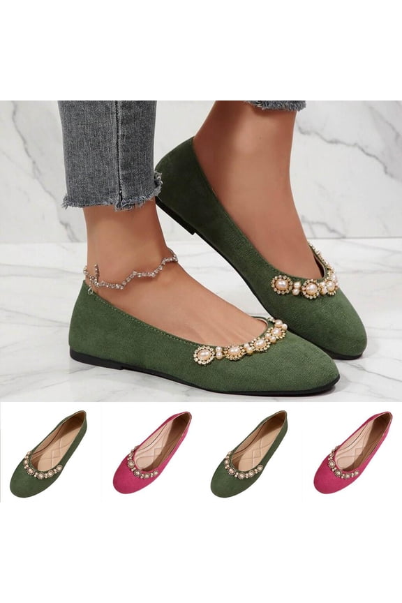 Flock Flats with Pearl Rhinestone Embellishment, Round Toe Slip on Ballet Flats for Women