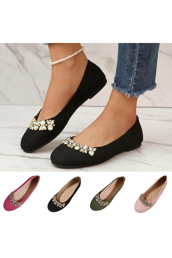 Flock Flats with Rhinestone Embellishment, Comfortable Slip on Ballet Shoes for Women