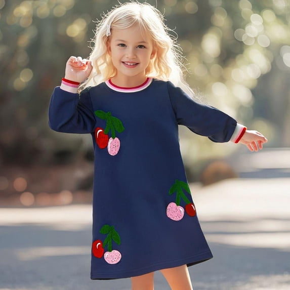 Bxsruta Girls 2-7 Years Long Sleeve Cherry Print Dress Soft Cotton Blend Casual Daily Wear