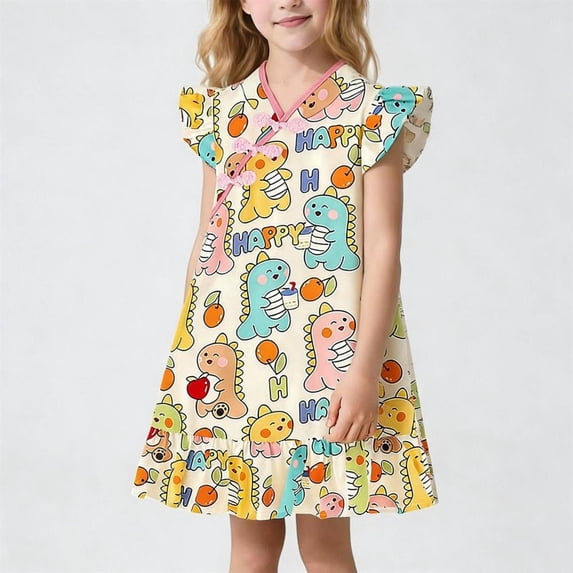 Bxsruta Girls 2-8 Years Chinese Cheongsam Dress Long Sleeve Summer Party Princess Dress Soft Stretchy