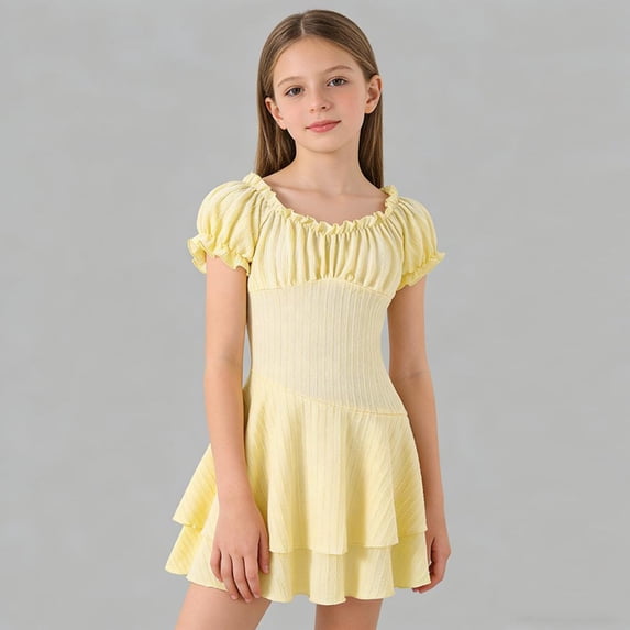 Bxsruta Girls 7-13 Puff Sleeve Off-Shoulder Dress with Ruffled Hem and Stretchy Waist, Soft Ribbed Knit Casual Party Dress