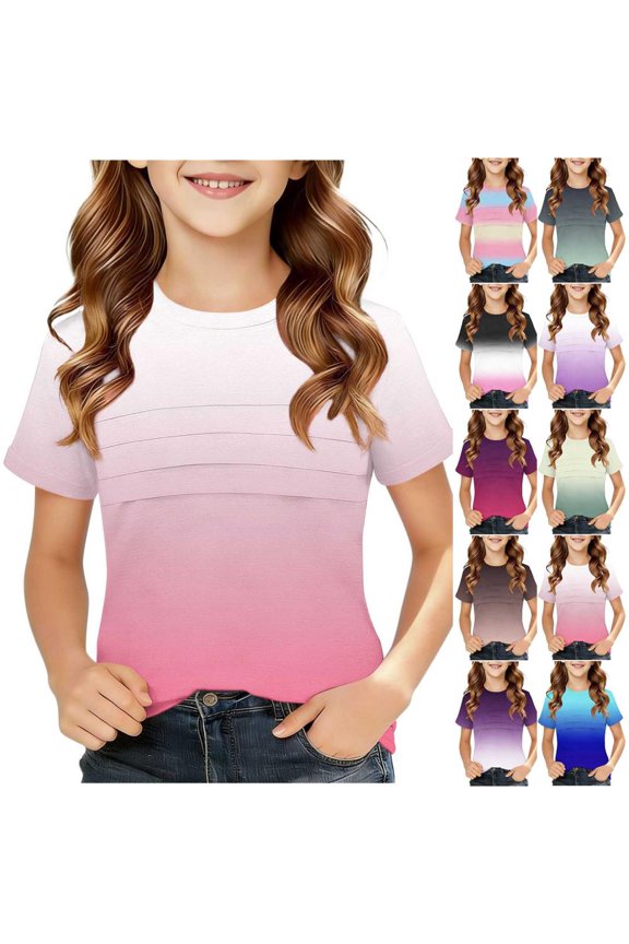 Girls Casual Short Sleeve Crew Neck Pullover T Shirt Comfy Daily Wear Ombre Top