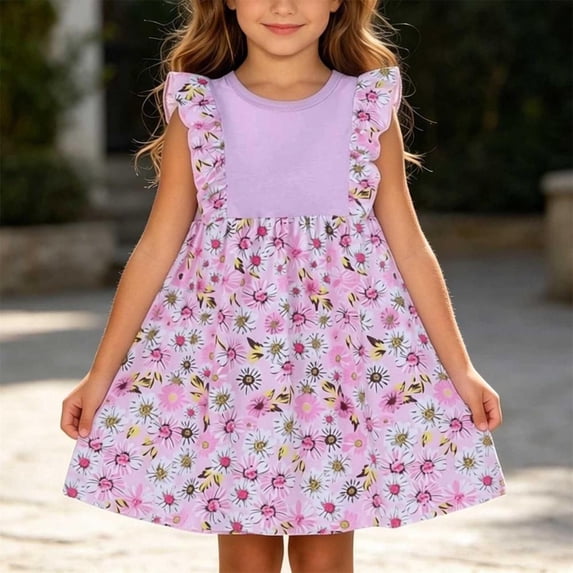 Bxsruta Girls Floral Print Sleeveless Casual Dress with Ruffle Shoulder Detail Soft Cotton Daily Wear for Toddler and Preschool Kids Outdoor Play Family Gatherings Summer Comfortable