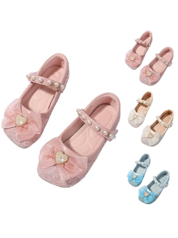 Girls Mary Jane Flats Bowknot Glitter Dress Shoes Pearl Strap Princess Shoes