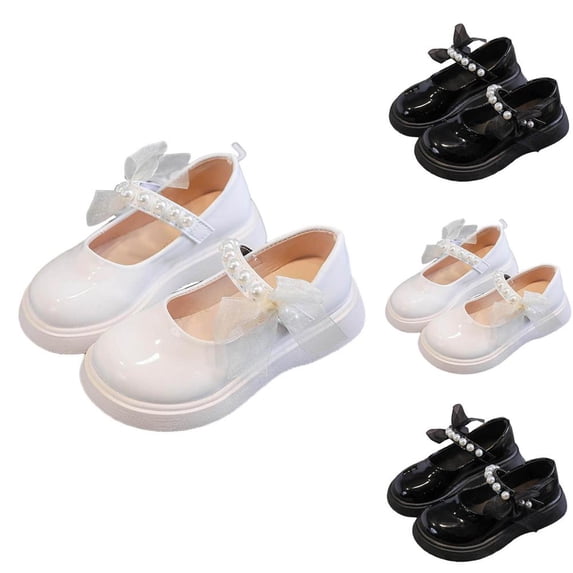 Bxsruta Girls Mary Janes Shoes Pearl Bowknot Flat Heels Princess Dress Shoes for Kids