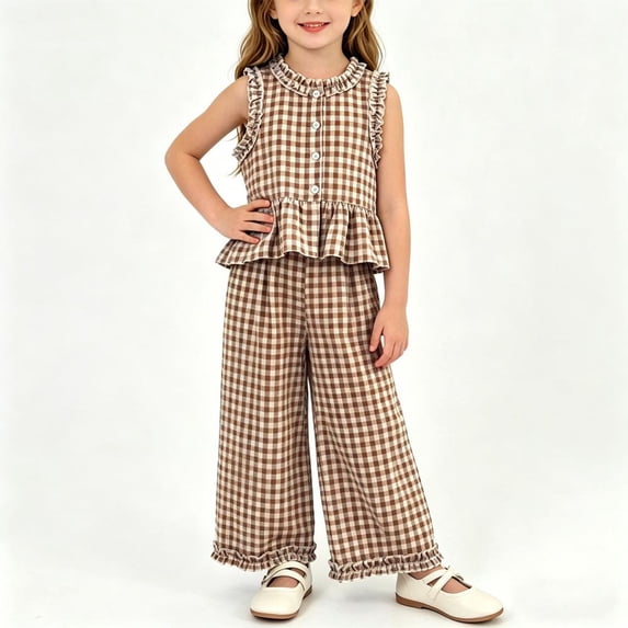 Bxsruta Girls Plaid Two Piece Set Ruffle Trim Sleeveless Top and Wide Leg Pants Outfit