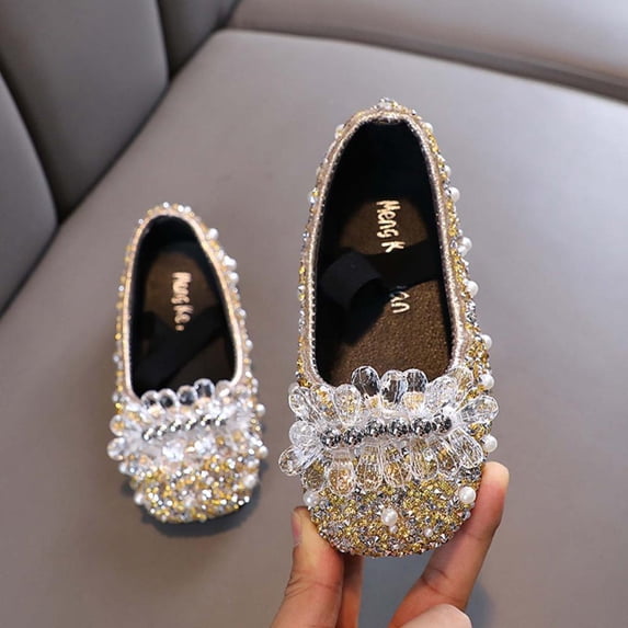 Bxsruta Girls Rhinestone Bowknot Ballet Flats Soft Sparkly Dress Shoes with Elastic Strap for Wedding Party