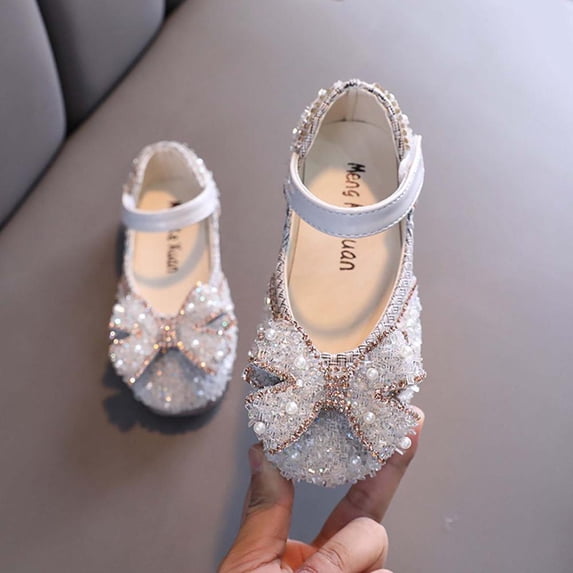 Bxsruta Girls' Rhinestone Pearl Bow Mary Jane Flats for Princess Party Wedding