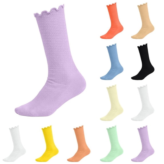 Bxsruta Girls Ruffle Crew Socks Lettuce Trim Ribbed Mid Calf Casual Socks