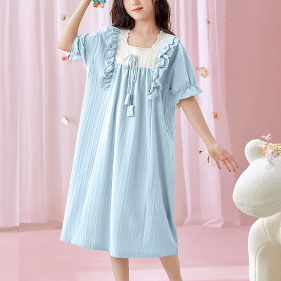 Bxsruta Girls' Short Sleeve Ruffle Home Dress, Comfortable Round Neck Design for Relaxed Wear, Daily Leisure, and Photography, Soft Fabric