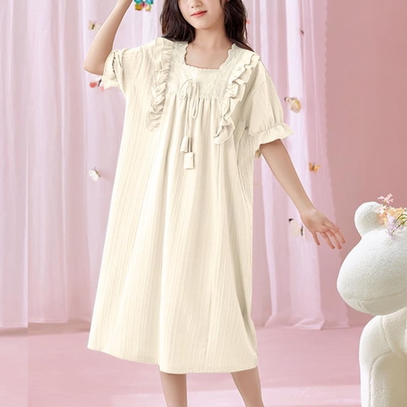 Bxsruta Girls' Short Sleeve Ruffle Home Dress, Comfortable Round Neck Design for Relaxed Wear, Daily Leisure, and Photography, Soft Fabric