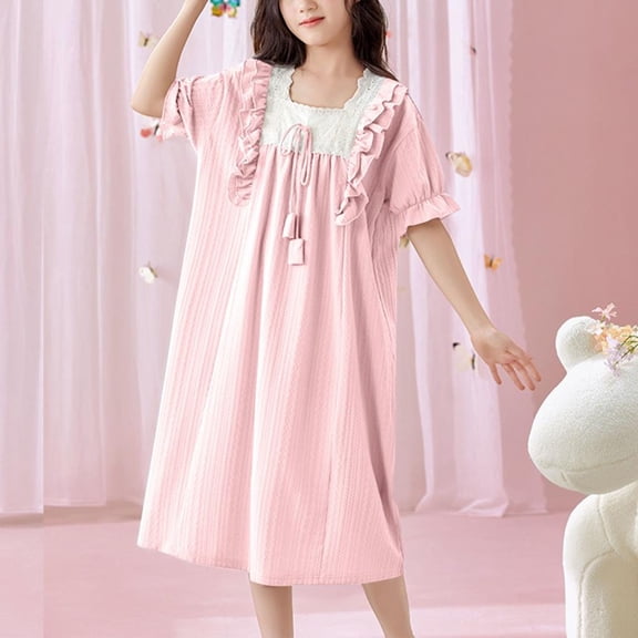 Bxsruta Girls' Short Sleeve Ruffle Home Dress, Comfortable Round Neck Design for Relaxed Wear, Daily Leisure, and Photography, Soft Fabric