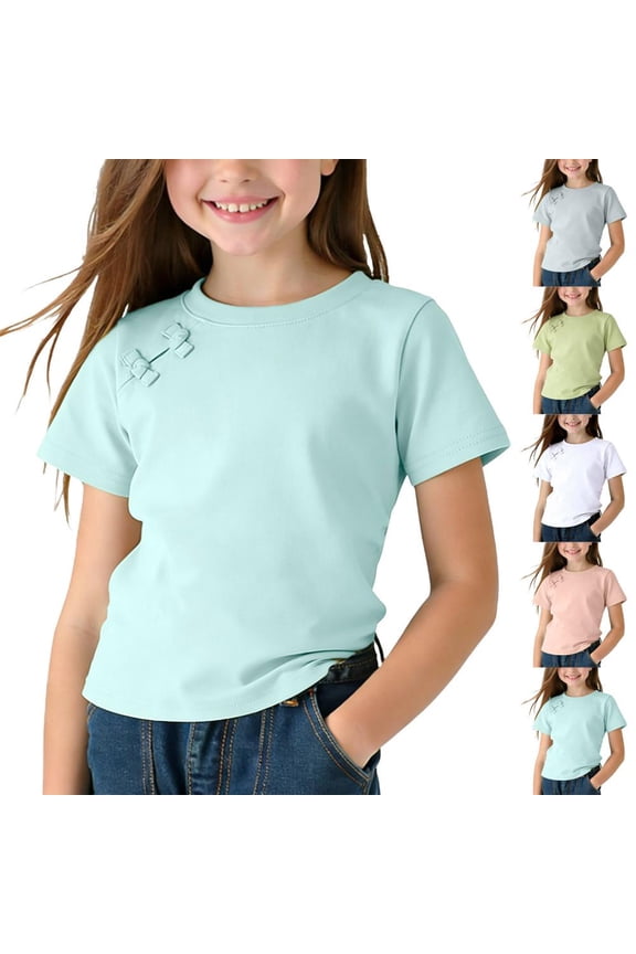 Girls' Short Sleeve T-Shirt, Soft & Breathable Round Neck Casual Top, 6-Pack, Solid Color Basic Tees for Everyday Wear