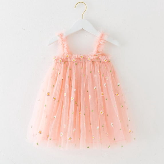 Bxsruta Girls Sleeveless Dress with Spaghetti Strap Embroidered Mesh A Line Skater Dress Toddler Little Girl Sizes 1-7 Years